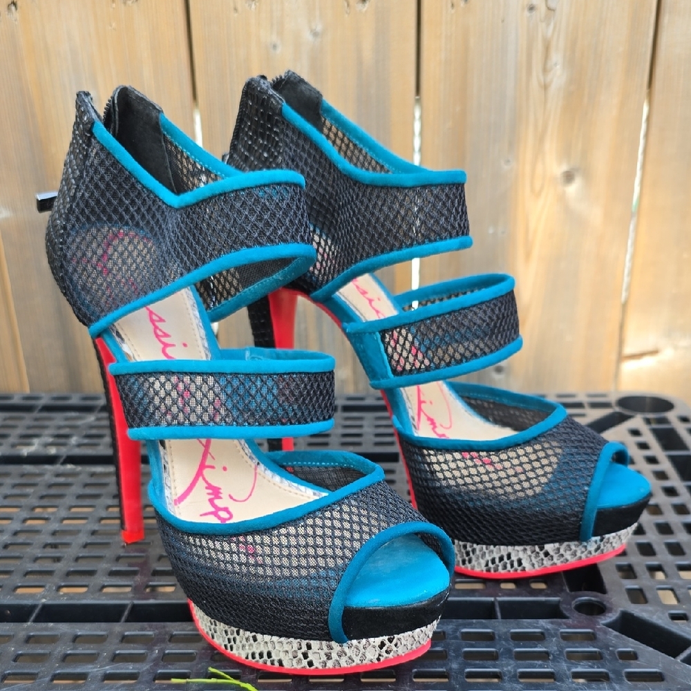 Jessica Simpson Stylish Black and Teal Mesh Heels NEVER WORN